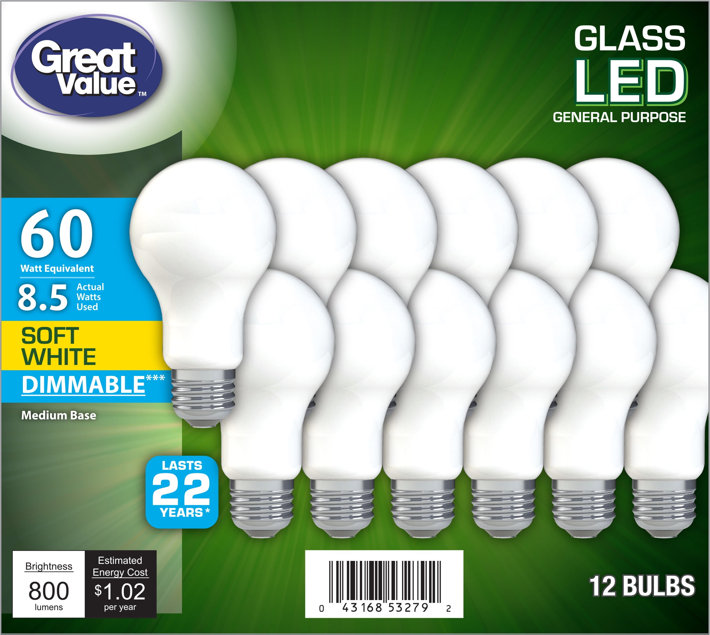 Great Value 60 Watt Equivalent Glass LED Soft White Light Bulb, Dimmable, 22 Year, 12pk