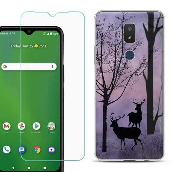 Slim-Fit TPU Fashion Phone Case for Cricket Icon 3, with Tempered Glass Screen Protector, by OneToughShield ® - Forest/Deer/Twilight
