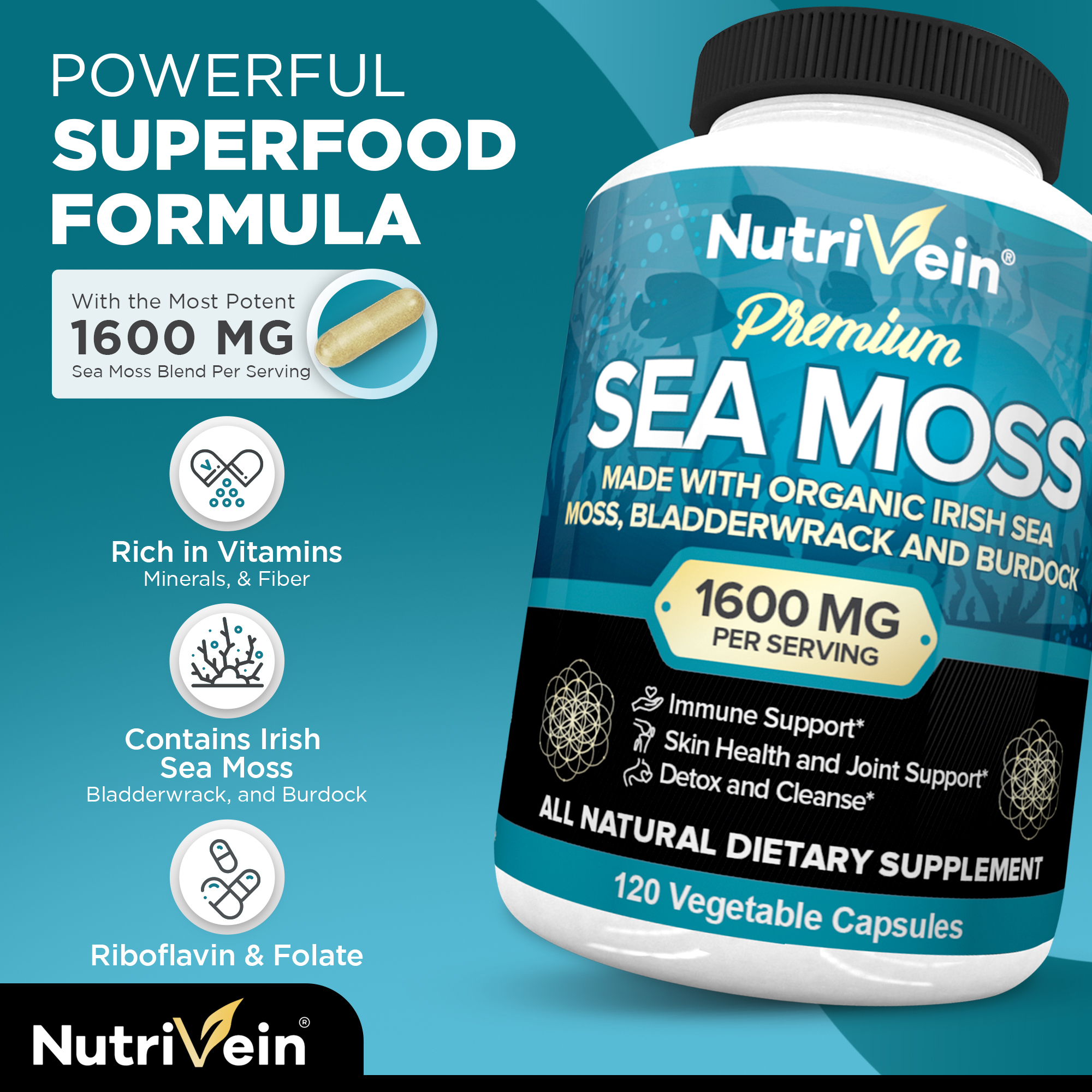 Nutrivein Organic Sea Moss 1600mg - 120 Capsules - Keto Detox, Gut, Joint Support - image 3 of 7