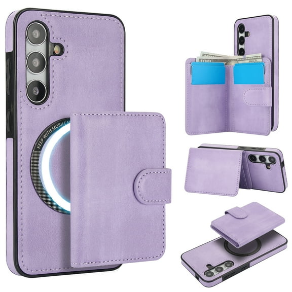 ELEHOLD Wallet Case For Samsung Galaxy S25 FE, 2-in-1 Magnetic Shockproof Leather Kickstand Wallet Flip Case Cover With Detachable Card Holder ,Purple