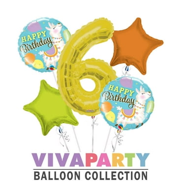 Happy Birthday Llama Round Balloon Bouquet 5 pc, 6th Birthday, Gold Number 6 Jumbo Balloon | Viva Party Balloon Collection