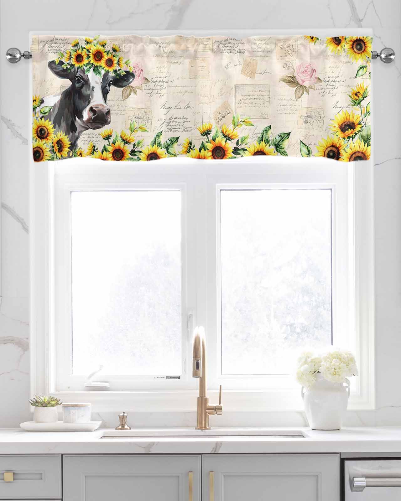 Farmhouse Cow Kitchen Valances for Windows Farmhouse Linen Window Valance Curtain for Living Room Window Treatment Sunflowers Rustic Botanical Animals Valance Rod Pocket Topper Drape, 42 x 12 Inch