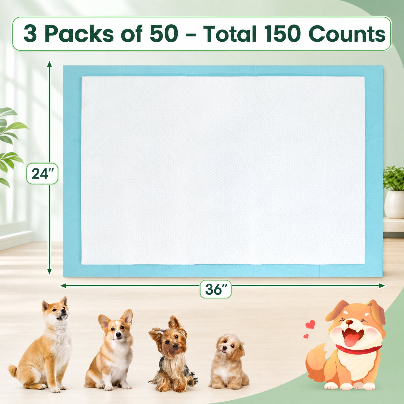 SUGIFT Pet Wee Pee Piddle Pads 24 x 36 Inch Super Absorbent Leak Proof Disposable Puppy Training Pads for Dogs, 150 Count, White