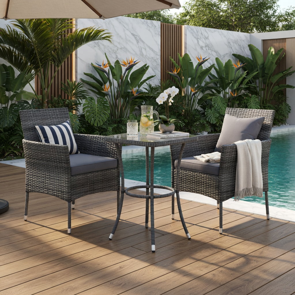 Hommoo 3-Piece Outdoor Patio Furniture Set, PE Rattan Chairs with Cushions & Tempered Glass Coffee Table for Backyard, Porch, Garden, Gray