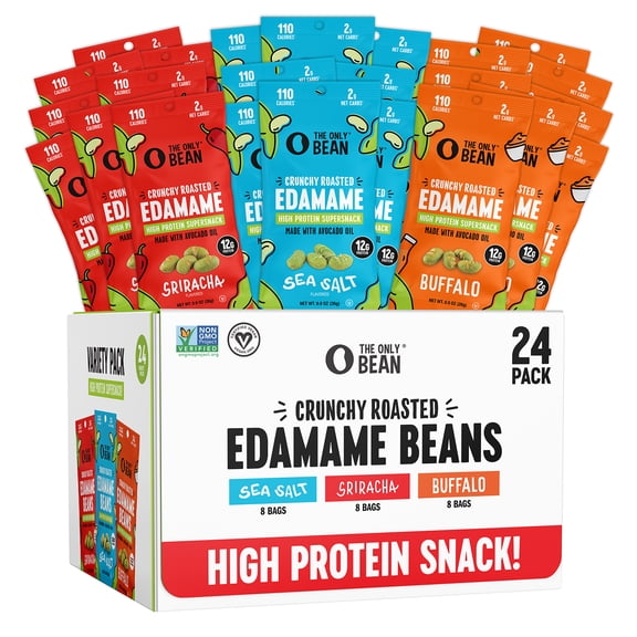 The Only Bean Crunchy Roasted Edamame - Healthy Snacks for Adults and Kids (Variety Pack), Low Carb Keto Snack Food, Vegan Gluten Free High Protein Snacks (11g), Office Snack, 0.9oz 24 pack