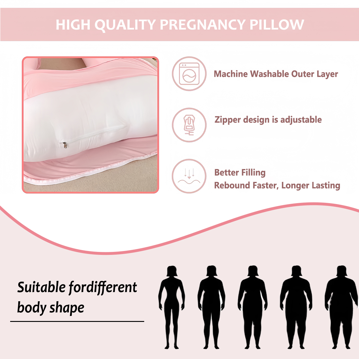 J-shaped full-length pregnancy pillow (1 pack)-ergonomic pregnancy pillow, used for back and abdomen support, filled with soft polyester fiber, with washable gray coat, pink.