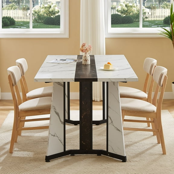 71 inch Large Rectangular Dining Table for 6-8 People, Paproos Faux Marble Dining Room Table with Adjustable Metal Leg, Wood Kitchen Table for Dining Room, Gathering, White(Only Table)