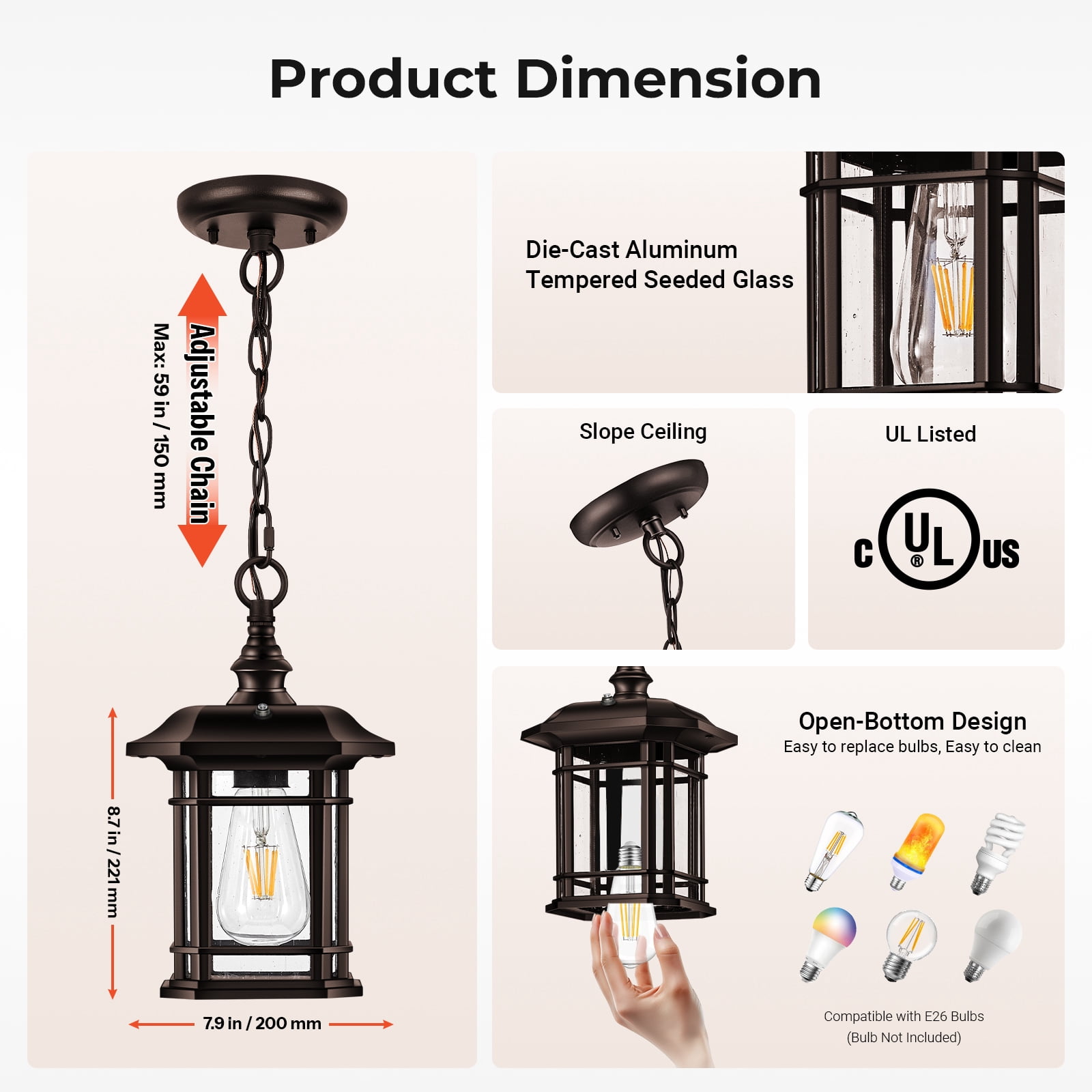 Gleamz Dusk to Dawn Outdoor Pendant Light, Oil Rubbed Bronze Hanging Porch Light Fixture, 100% Aluminum Outdoor Ceiling Sconce for Entryway, Backyard, Patio, 1 Pack