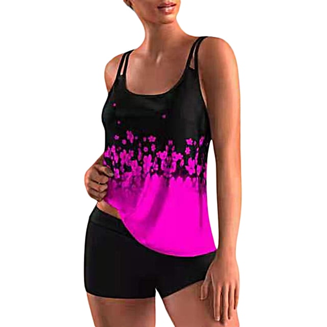Sunloudy 2 piezas de traje de baño de verano para mujer, camisetas sin mangas acolchadas con tiras florales + traje de baño corto de color sólido para niñas, 6 colores Sunloudy S M L XL XXL XXXL