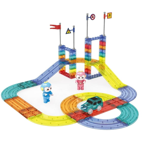 Magnetic Tiles Race Car Track Set STEM Engineering Slot Cars on Flexible Car Tracks 63PCS Educational Magnet Building Blocks Magnetic Car Toys for Kids