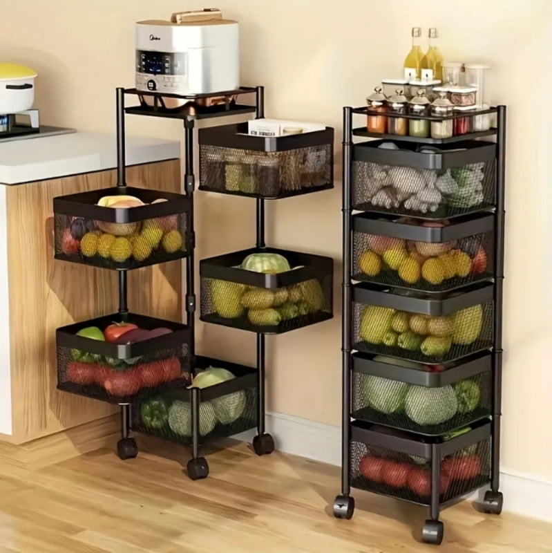 5-Tier Rotating Kitchen Storage Cart, Metal Fruit Basket with Wheels, Rolling Kitchen Storage Rack Storage Organizer Serving Cart for Kitchen Bathroom