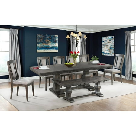 Picket House Furnishings Steele 8PC Dining Set- Table, 6 Wooden Side Chairs & Bench