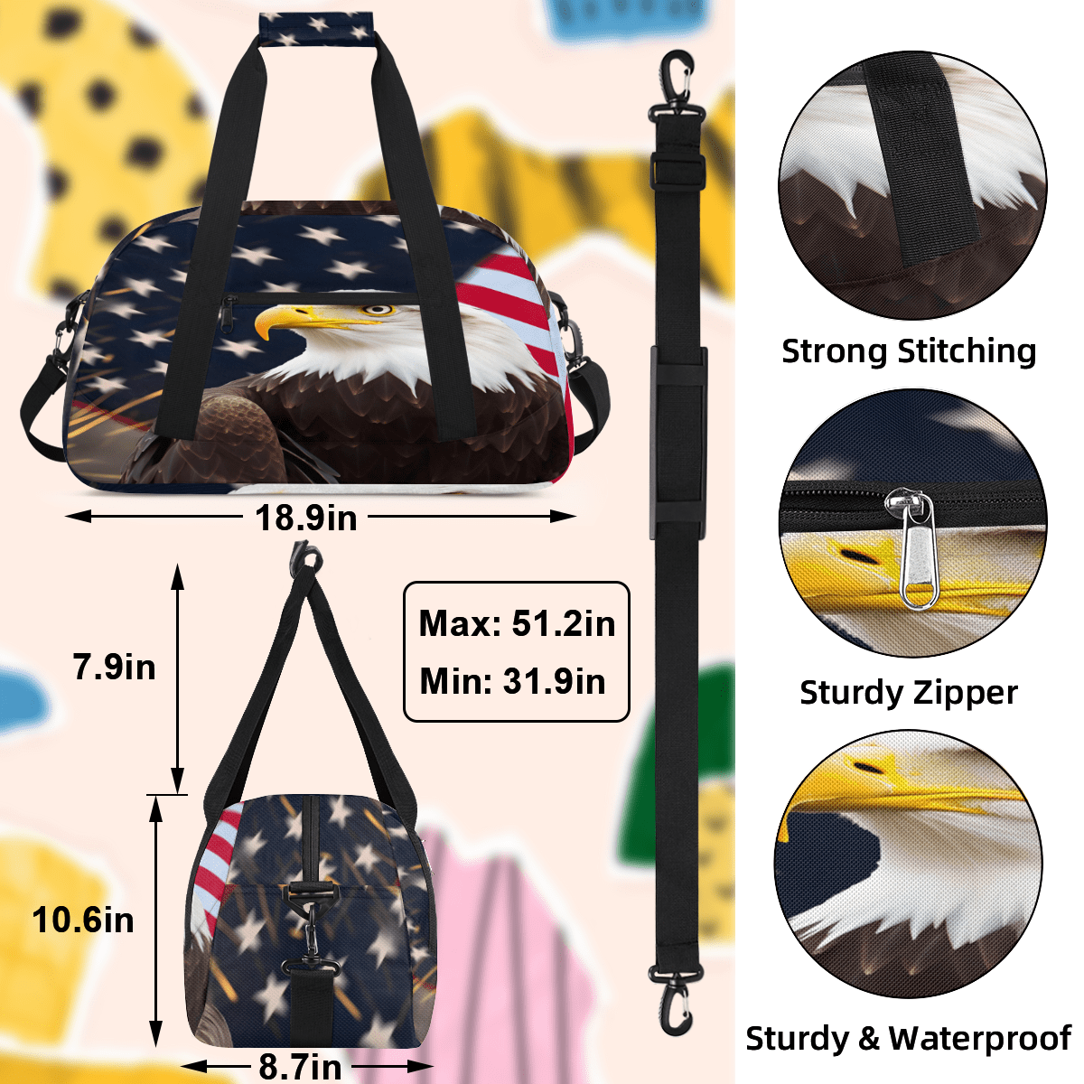 Herdesigns American Flag Eagles Sports Duffle Bag for Women & Men, 4th of July Gym Bag Dance Bag Overnight Bag Carry On Weekender Travel Bag
