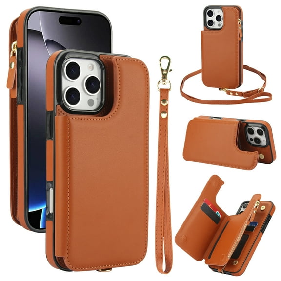 Crossbody Wallet Case for iPhone 15, RFID Blocking Leather Purse Case with Card Holder, Double Flip-top Designing,Protective Flip Cover with Zipper Wrist Strap & Lanyard,Brown