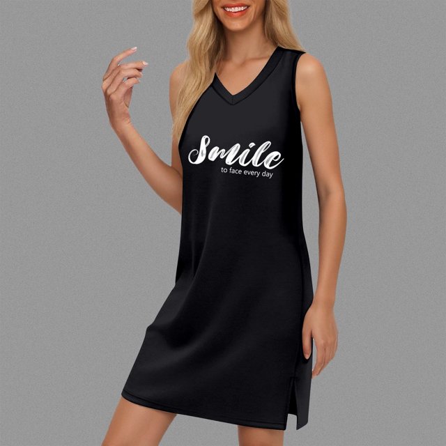 WILLBEST Vestidos De Verano Para Mujer, Belleza, Con Escote En V, Color Sólido, Sin Mangas, Abertura, Suelto Y Cómodo, Vestido De Playa Con Estampado De Letras