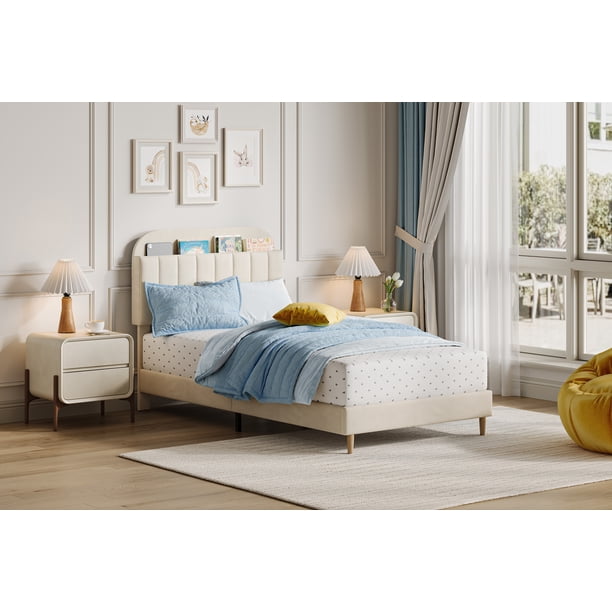 Yeshouse Cama de terciopelo con plataforma, cabecero con espacio de almacenaje y librería, estructura tapizada con listones de madera y patas de metal, fácil de montar y silenciosa