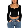 thumbnail image 1 of Gibobby Camisa&nbsp;Vaquera Camiseta de punto corta de manga larga de color sólido con cuello cuadrado sexy para mujer（Negro， L), 1 of 5