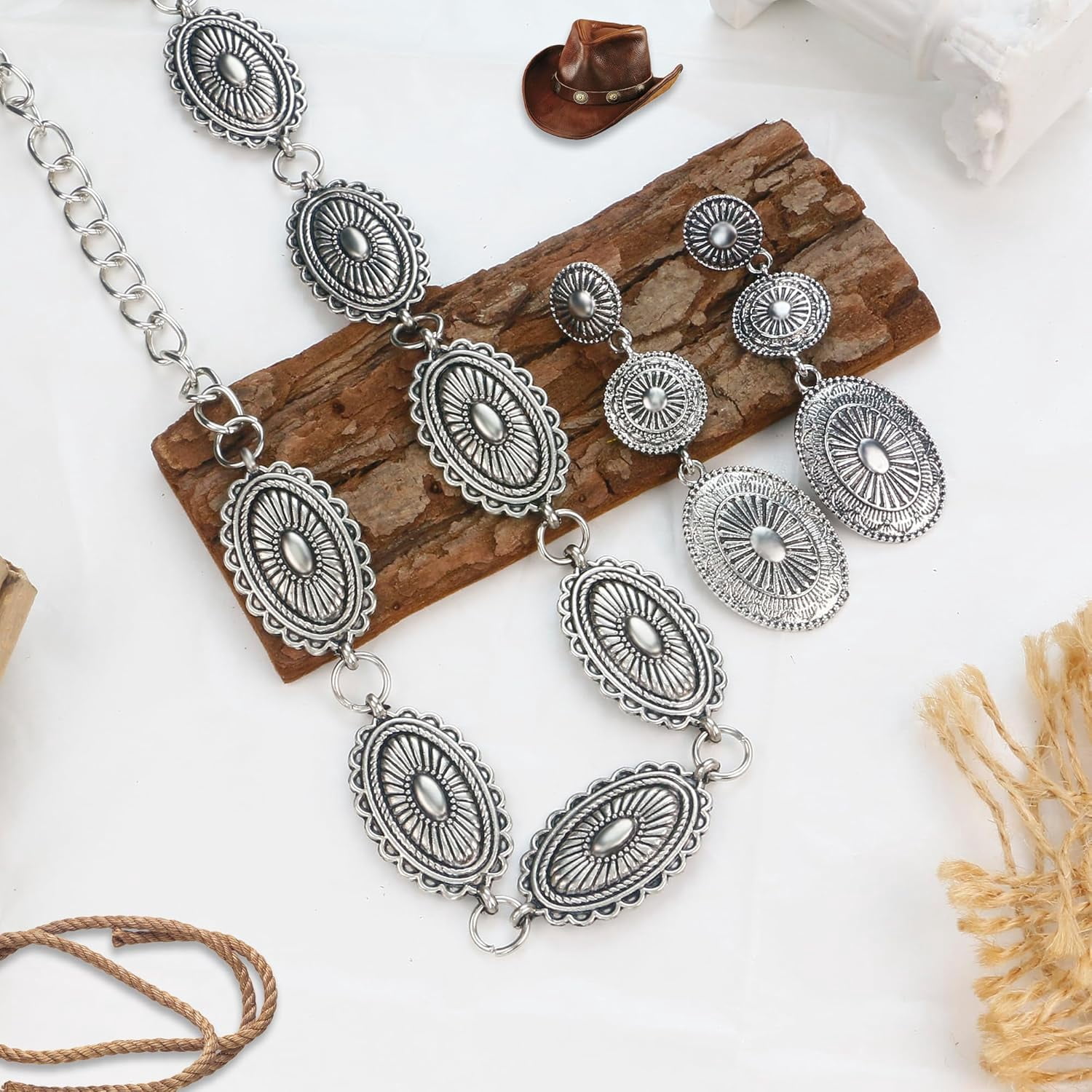 15 PCs Western Concho Belt Cowgirl Necklace, Dangle Earrings Rins Jewelry set Cowboy Hat Earrings | Southwestern Charms | Cowgirl Punchy  main image 3