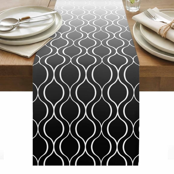 Moroccan Black Table Runner - 90 Inch Long, Kitchen Dining Table Runner Dresser Scarves, Geometric Abstract Gradient Plaid Farmhouse Decor for Coffee Tables Wedding Party Banquet