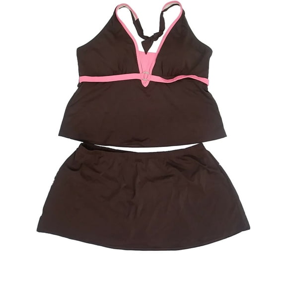 Womens Brown & Blush Pink 2 Piece Swimming Suit Skirted Tankini Set