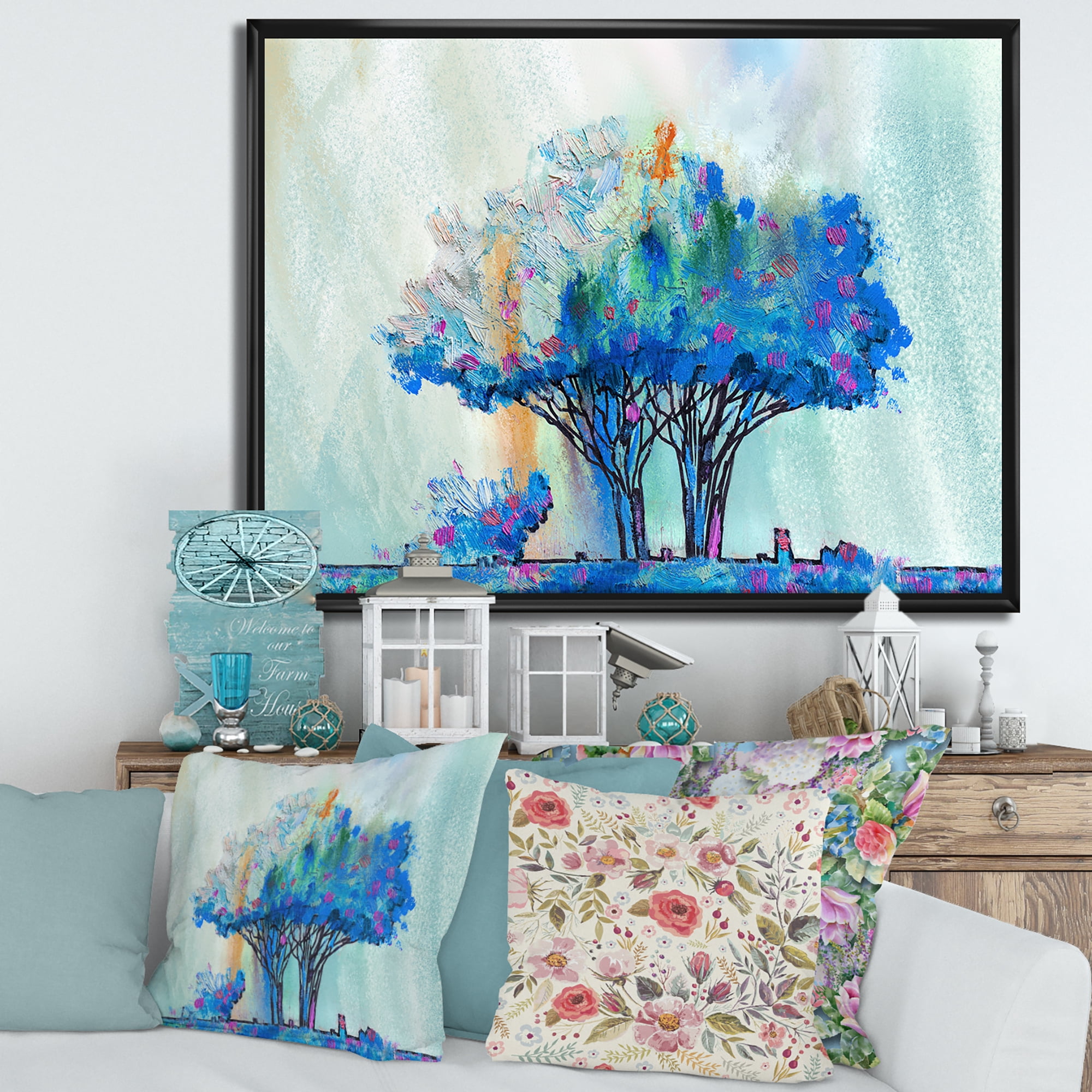 Designart 'Blue Coloured Tree Abstract Impression I' Modern Framed Canvas Wall Art Print