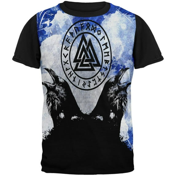 Huginn and Muninn Odin's Ravens Blue Splatter All Over Mens Black Back T Shirt