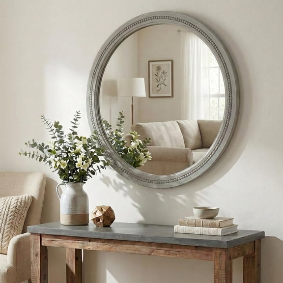 30" Round Farmhouse Mirror for Bathroom Vanity, Distressed Grey Solid Wood Wall Mirror - Rustic Weathered Gray Beaded Circle Mirror for Industrial Decor