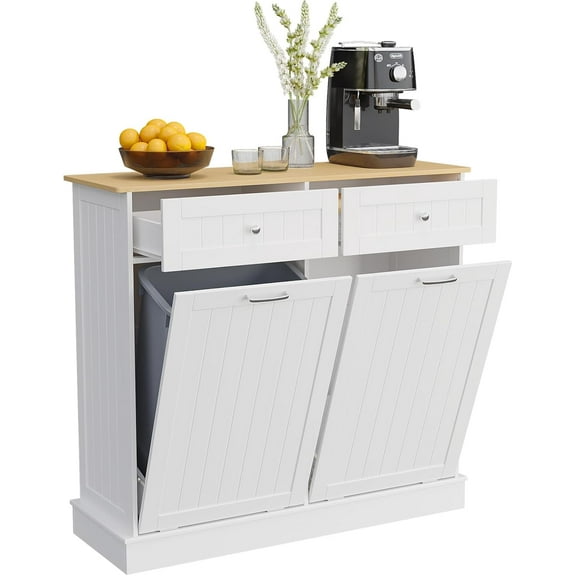 Double Tilt Out Trash Can Cabinet, Recycling 20 Gallon Garbage Can Cabinet with Drawer for Kitchen, Free Standing Tilt Out Laundry Hamper, White