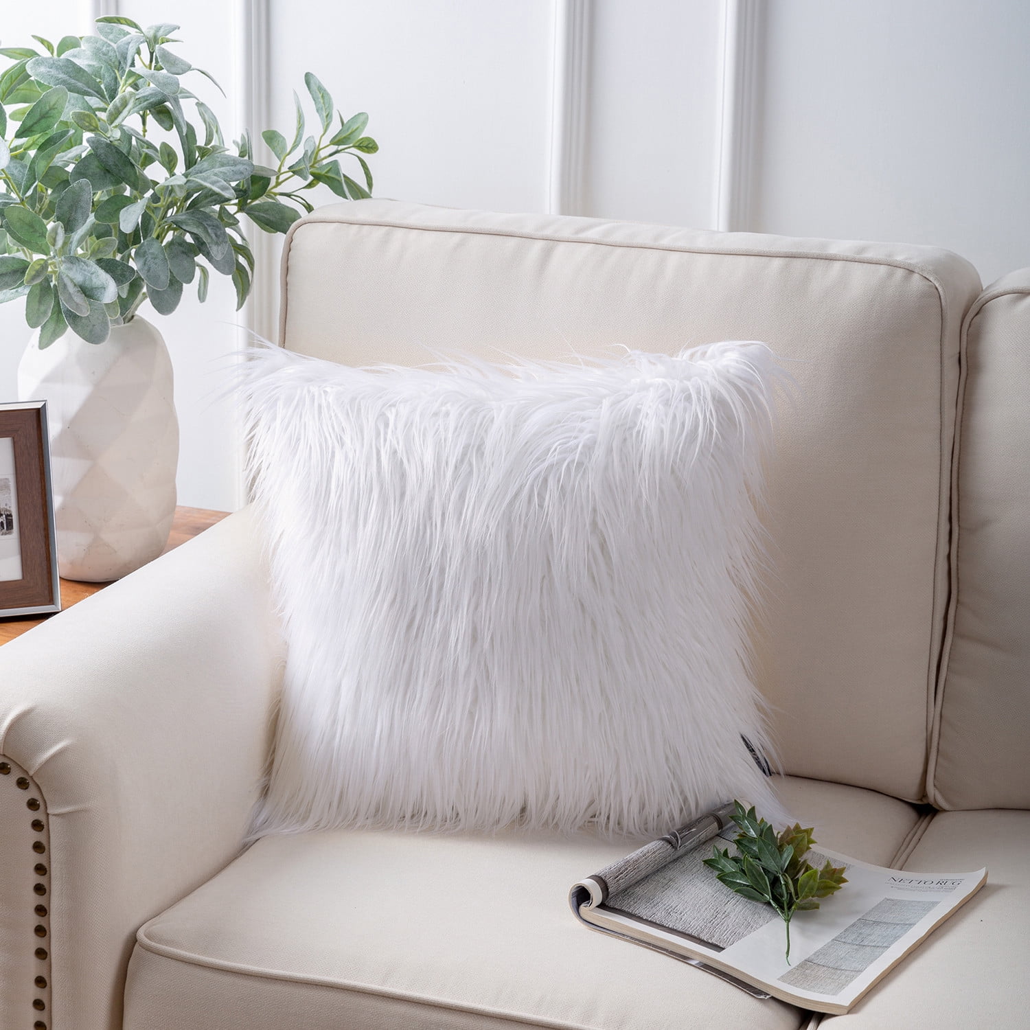 Phantoscope Designer's Choice Decorative Throw Pillow Set, Fluffy Faux Fur & Modern Faux Leather Bundle, 12" x 20" Light Gray Leather + 20" x 20" Black Fur + 22" x 22" White Fur, 3 Pack