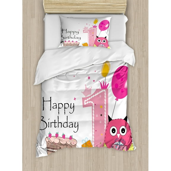1st Birthday Duvet Cover Set, First Birthday Surprise Cake Candle Sketchy Cartoon Owl Image, Decorative 2 Piece Bedding Set with 1 Pillow Shams, Twin Size, Brown Hot Pink and Pink, by Ambesonne