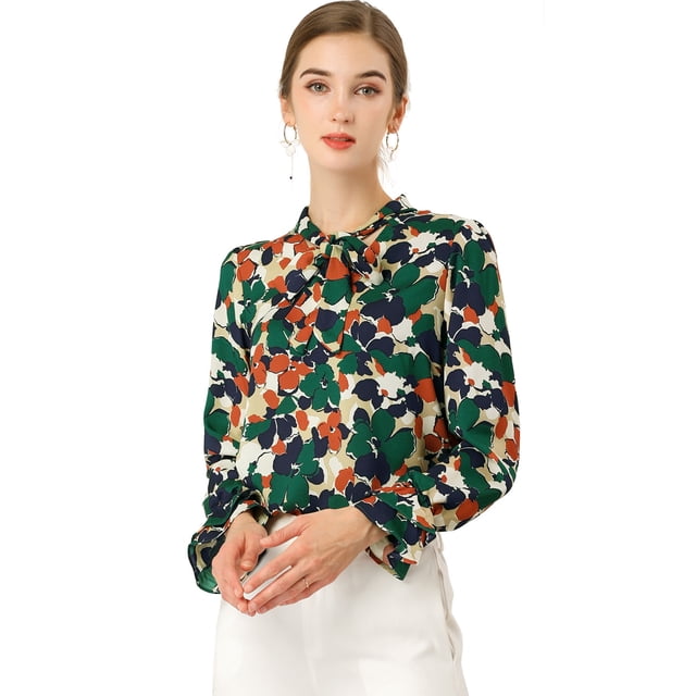 Blusa con cuello en V y lazo floral para mujer, camisa de manga larga con volantes y trompeta vintage, top Verde L