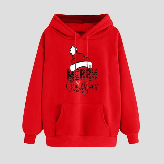Hauts pour Femmes en Liquidation, Haut de Noël à Petit Imprimé avec Poche, Manches Longues, Sweat à Capuche en Polyester pour Femmes