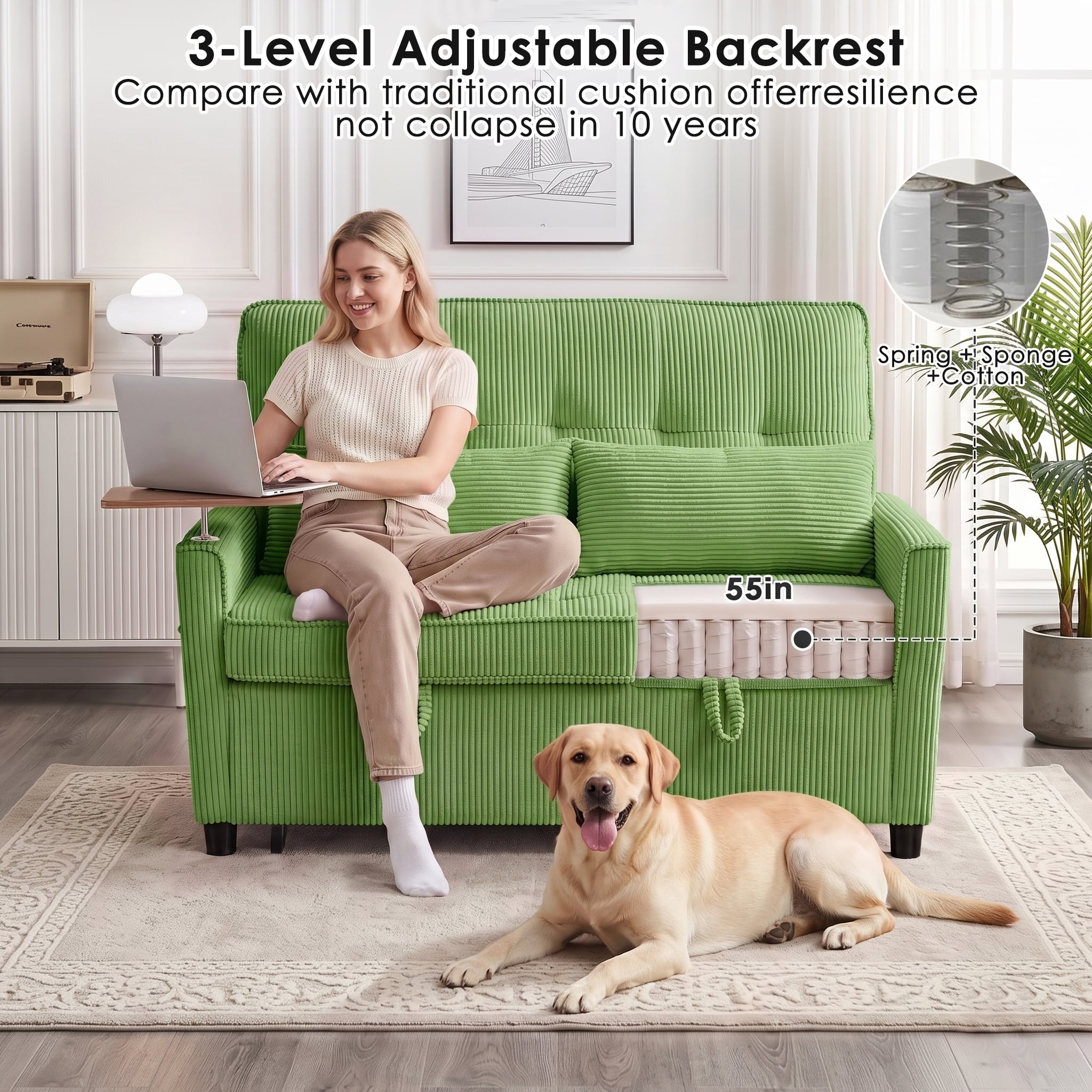 AISWORD 55" 3-in-1 Convertible Sleeper Sofa Bed, Pull Out Loveseat Couch with Side Tray Table & USB Charging Port, Adjustable Backrest Sofa for Apartment, Bedroom, Office, Green