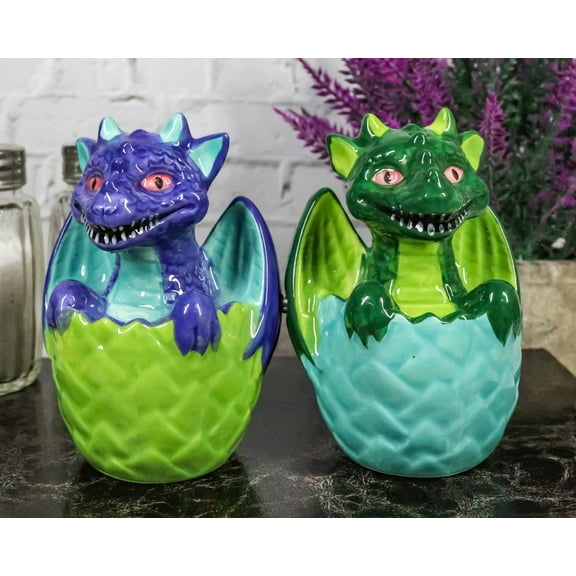 Green And Blue Dragon Hatchlings In Half Cracked Eggs Salt Pepper Shakers Set