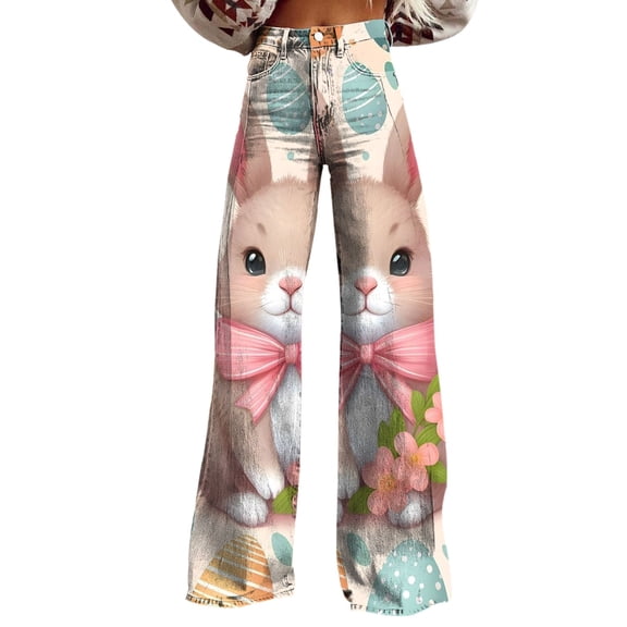 YUANGUANST Womens Dress Pants Women's Easter Bunny Egg Print Plus Size Wide Leg Pants Business Work Casual Pants
