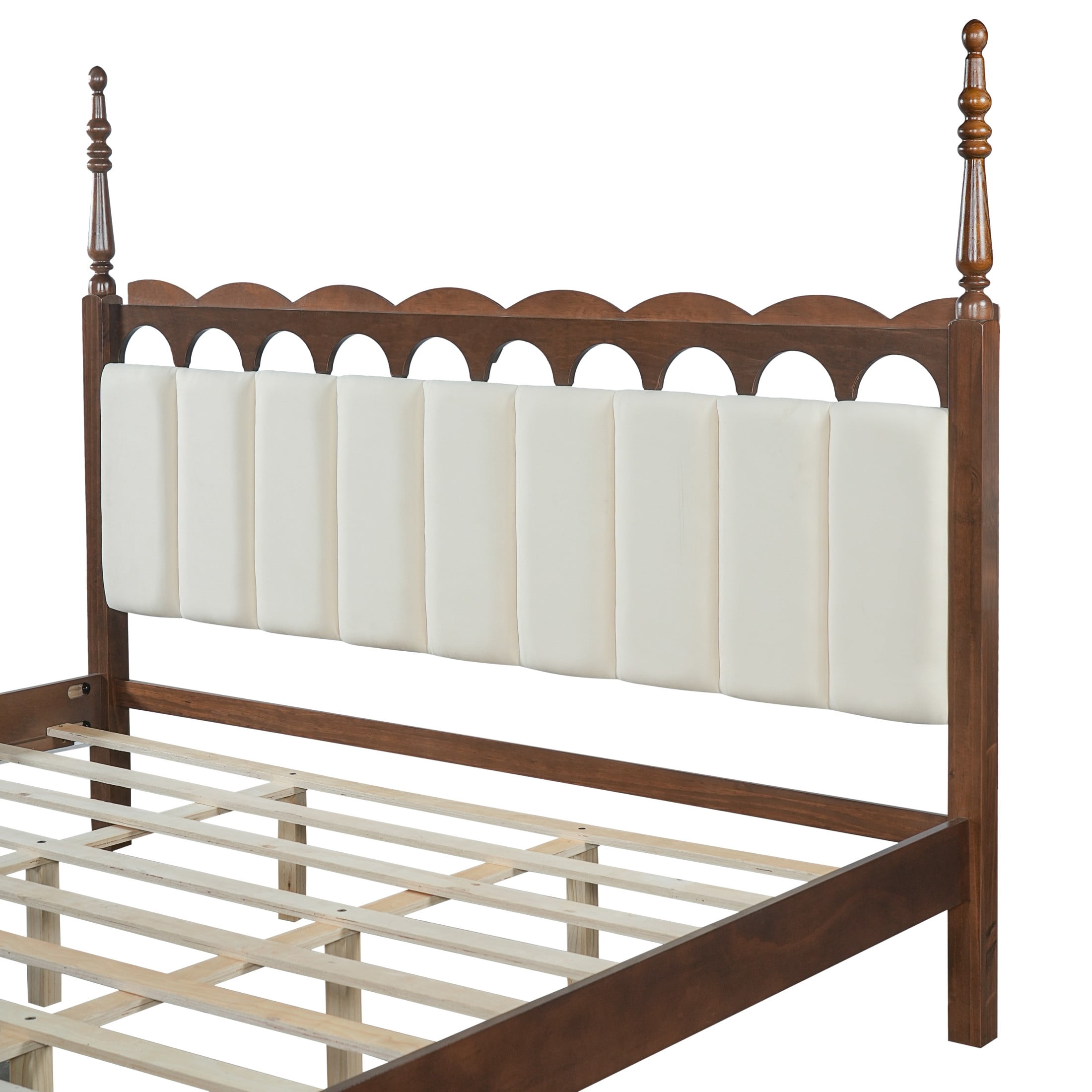 Christopher Knight Home King Wood Bed Frame with Scalloped Tufted Chenille Headboard, Brown+Beige