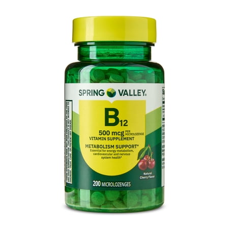 Spring Valley Sublingual Vitamin B12 Supplement, Cherry Flavor, 500 mcg, 200 Count, Microlozenges for Metabolism Support