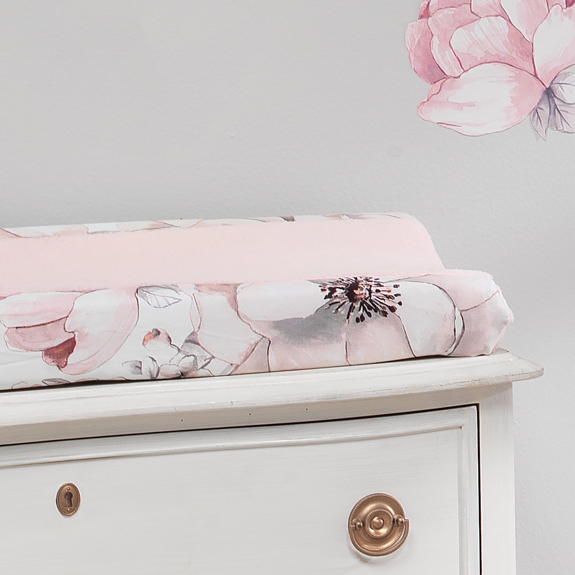 Lambs & Ivy Signature Botanical Baby Pink/Gray Floral Minky Changing Pad Cover