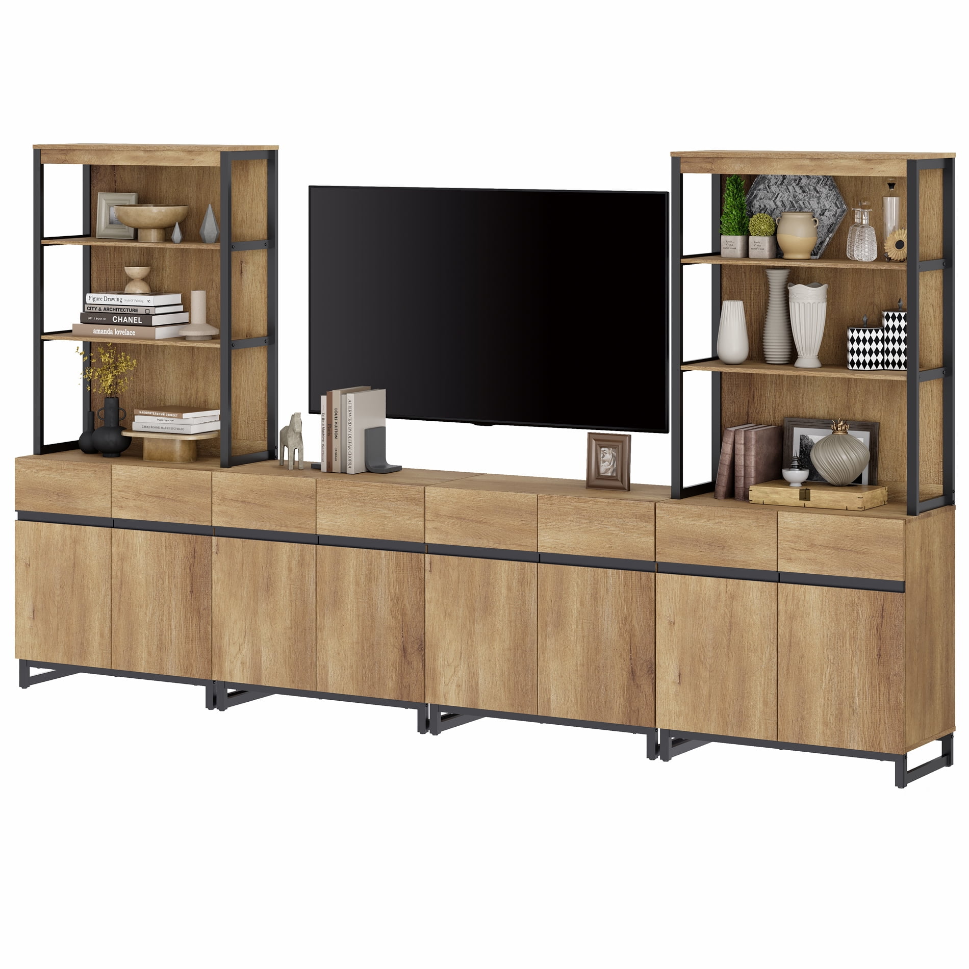 WAMPAT Modern TV Stand with 3 Tiers Bookshelf, Farmhouse Entertainment Center with 4 Large Storage Cabinets and Adjustable Shelf, Wooden Media TV Console with Black Metal Leg for Living Room, Oak