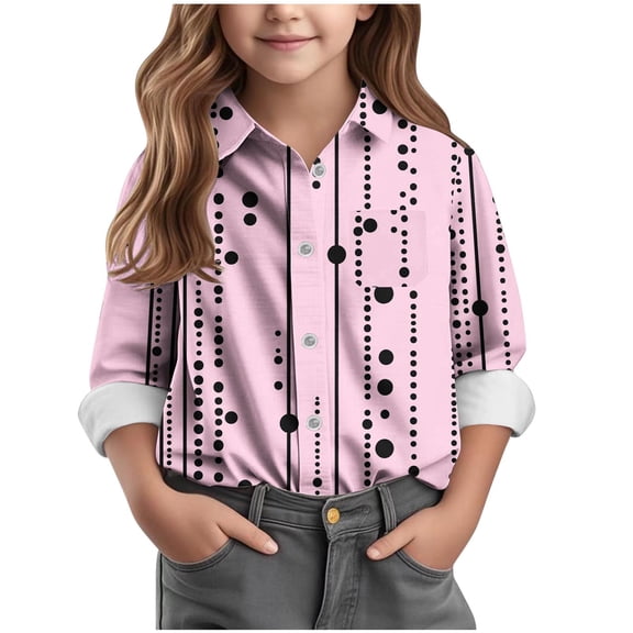 Riecok Girls Button down Shirt Lapel Collared Cute Printed Blouse Long Sleeve Lightweight Basic Trendy Fall Tops