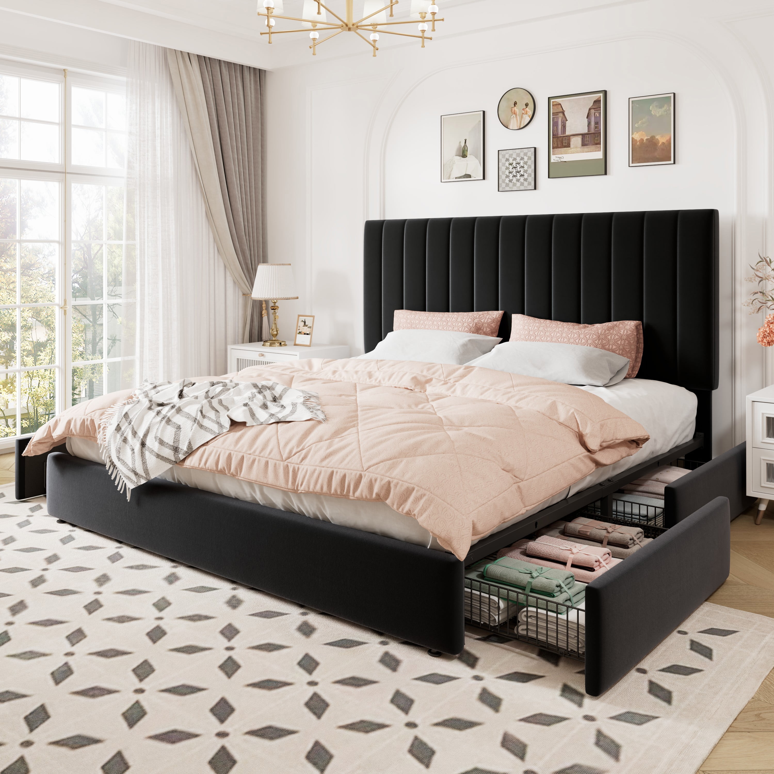 Allewie King Size Storage Bed Frame,Adjustable Headboard, Velvet Upholstered Platform Bed with 4 Oversized Underbed Drawers, Wooden Slats Support, No Box Spring Needed, Black
