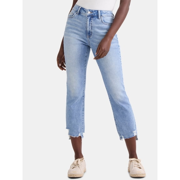 Time and Tru Women's and Women’s Plus High Rise Straight Leg Jeans with Raw Hem, 27.5” Inseam, Sizes 0-22