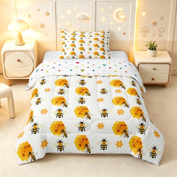 Erosebridal Kawaii Bug Bee Twin Comforter Sets,Cartoon Floral Bedding Set,White Black,Polkadot Reversible,2pcs,1 Comforter and 1 Pillowcase
