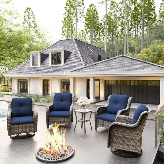 MeetLeisure 5 Pieces Outdoor Furniture Patio Furniture Set with Two Armchairs, Two Swivel Rocking Chairs, One Side Table, Navy