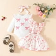 thumbnail image 3 of Odeerbi 0-18 Months Toddler Girls Summer Outfits Layette Set Rib Knit Cotton Bodysuit Bow Print Suspender Skirt Headband Three Piece Set Ruffle Jumpsuit Set Toddler Girls Clothes, 3 of 8
