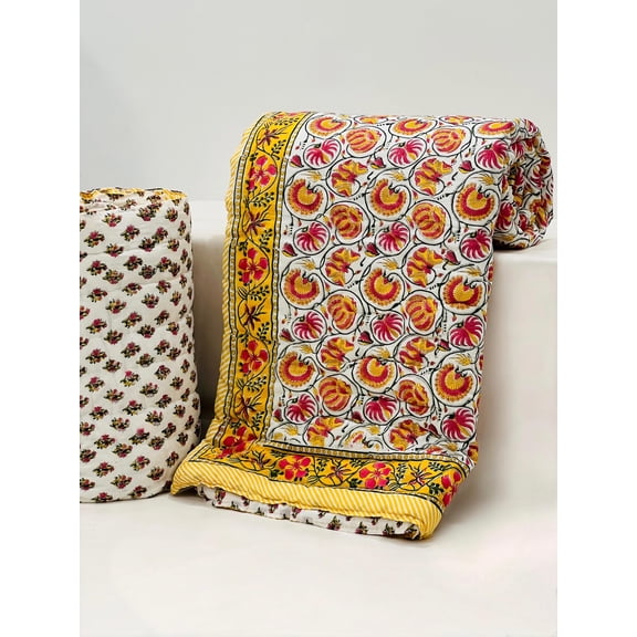 Handmade Cotton Quilt | Soft Quilted Blanket | Block Print Bed Cover | Cottagecore Bedding | Sustainable Home Décor(HBQURQ1039)
