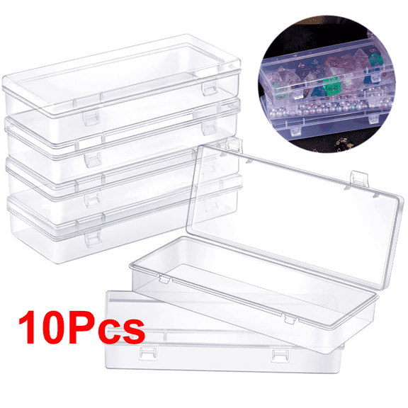 10 Pack Small Plastic Storage Containers with Hinged Lids, Rectangle Clear Plastic Boxes for Beads, Jewelry, Game Pieces and Crafts Items