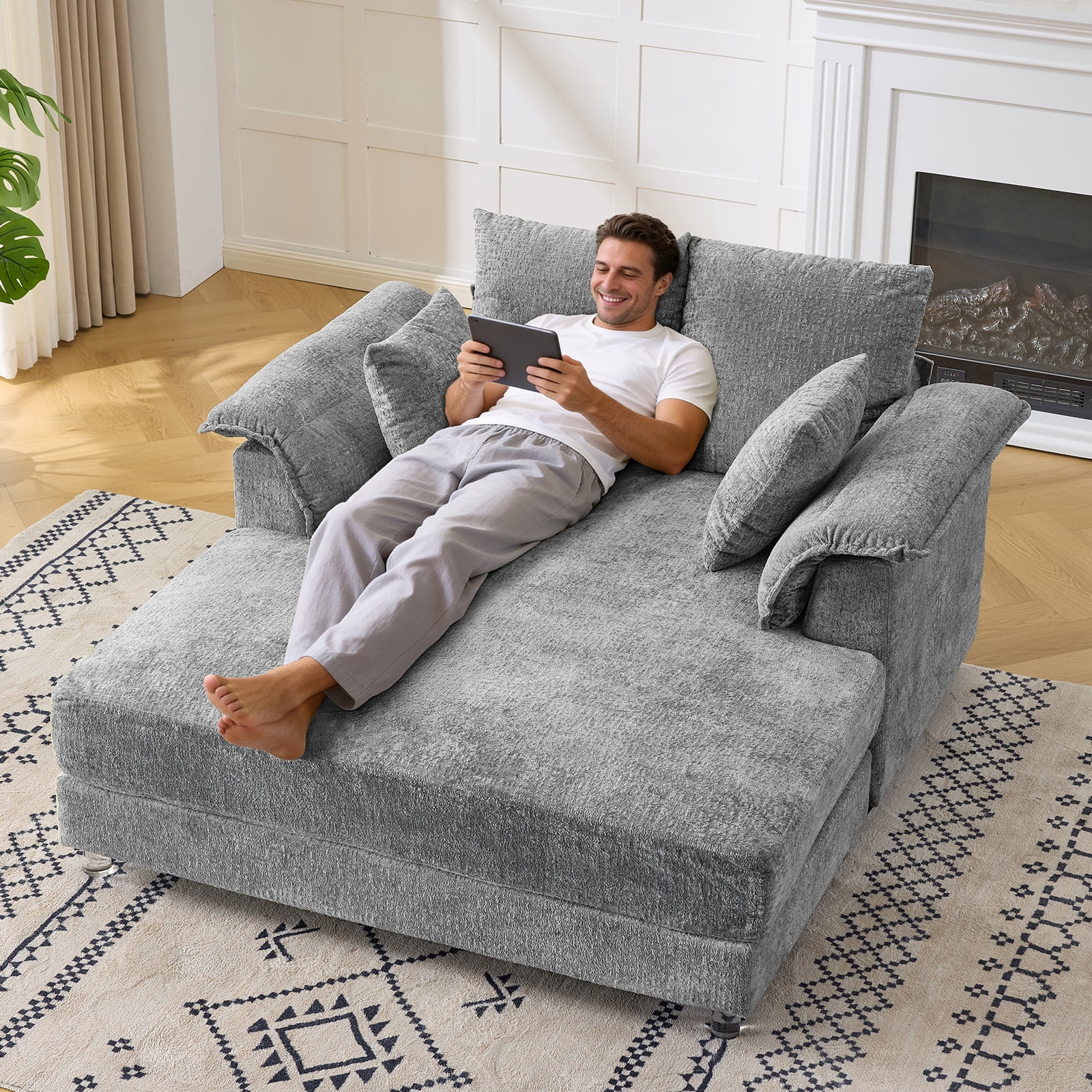Ktaxon Jacquard Plush Fabric Chaise Lounge, Sofa Bed with Acrylic Legs, Floating Sleeper with Pillow Armrest, 2-Person Seating for Living Room & Game Room Blue-Gray