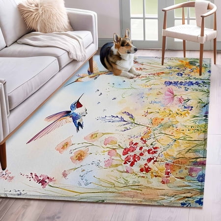 Spring Hummingbird Floral Area Rug 3x5 FT Non Slip Entryway Bedside Carpet Farmhouse Flower Botanical Washable Soft Floor Carpet Indoor Mat Non-Shedding Throw Rugs for Dorm Kitchen Home Office