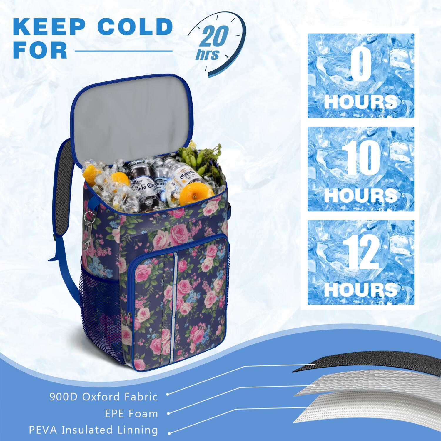 Travel Cooler Bag - Pioneer Flower Floral Print Pattern Camping Beer Cooler Backpack with Bottle Opener- Waterproof Insulated Picnic Backpacks - Cooler Bag for Beach
